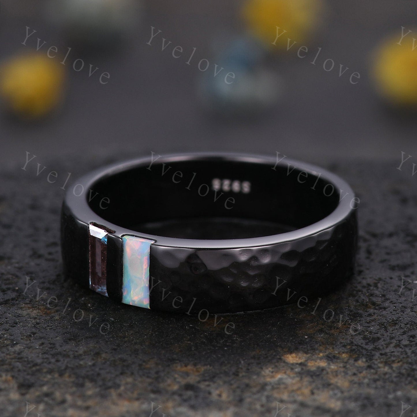 Mens Alexandrite Opal Wedding Band Baguette Cut Alexandrite Opal Band 5mm Gold Ring Mens Hammered Stacking Matching Band Retro Vintage Gift