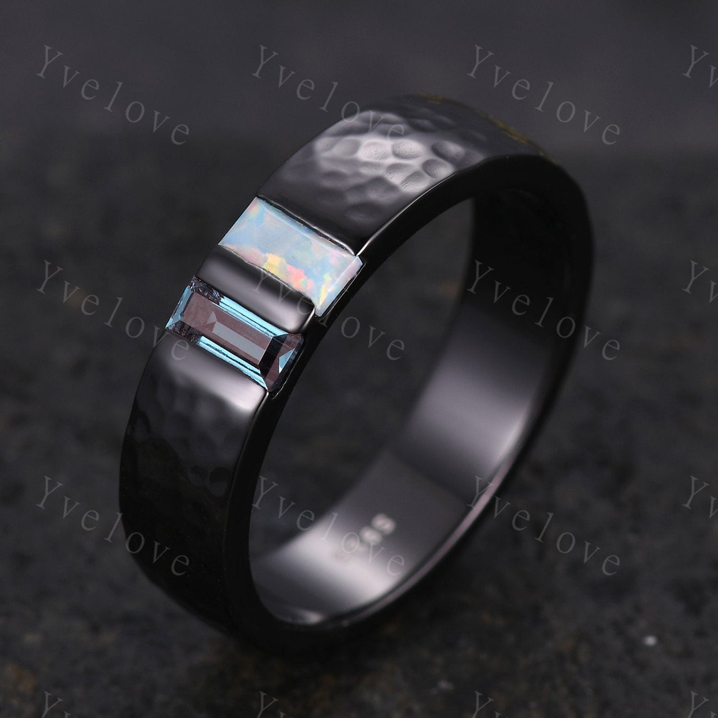 Mens Alexandrite Opal Wedding Band Baguette Cut Alexandrite Opal Band 5mm Gold Ring Mens Hammered Stacking Matching Band Retro Vintage Gift