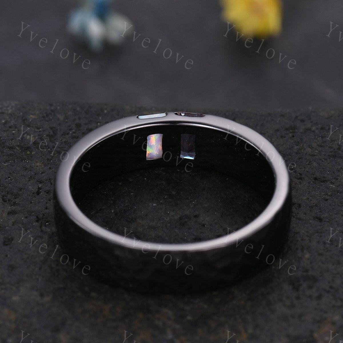 Mens Alexandrite Opal Wedding Band Baguette Cut Alexandrite Opal Band 5mm Gold Ring Mens Hammered Stacking Matching Band Retro Vintage Gift