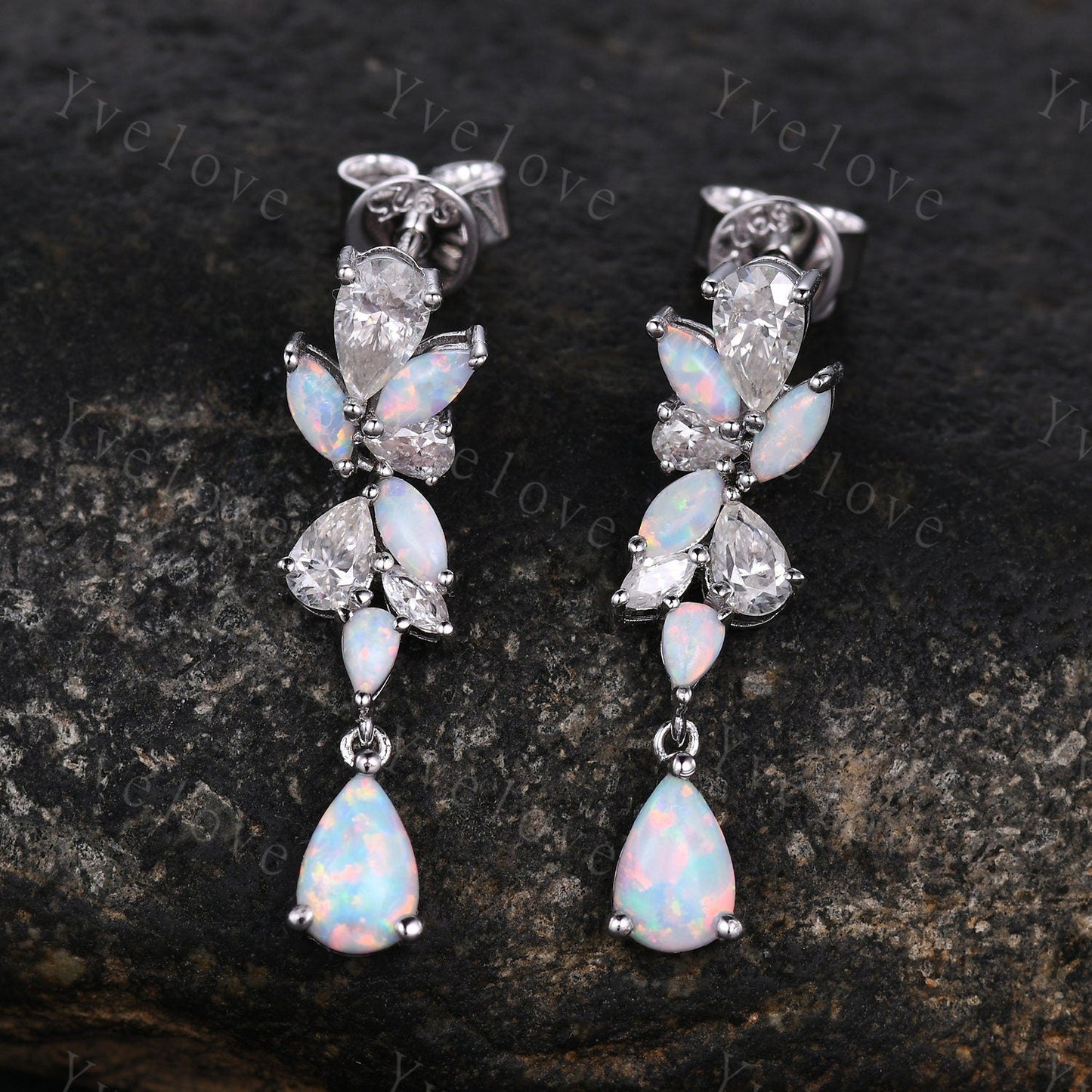 Unique Opal Moissanite Earrings,Art Deco White Opal Delicate Dainty Earrings Bridal earrings drop Wedding earrings Wedding jewelry Gift