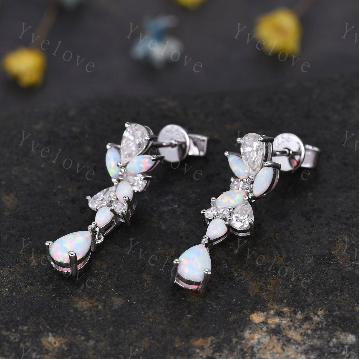Unique Opal Moissanite Earrings,Art Deco White Opal Delicate Dainty Earrings Bridal earrings drop Wedding earrings Wedding jewelry Gift