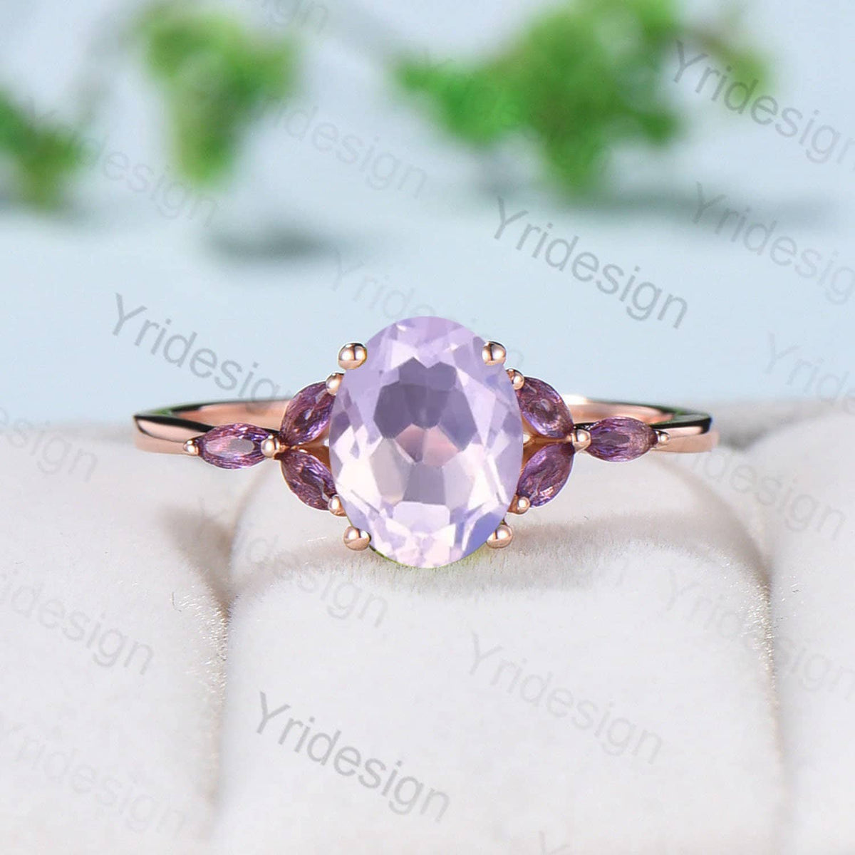 Vintage Oval natural Lavender Amethyst Engagement Ring Set Unique Seven Stone Marquise Amethyst  Wedding Bridal Set February Birthstone Gift
