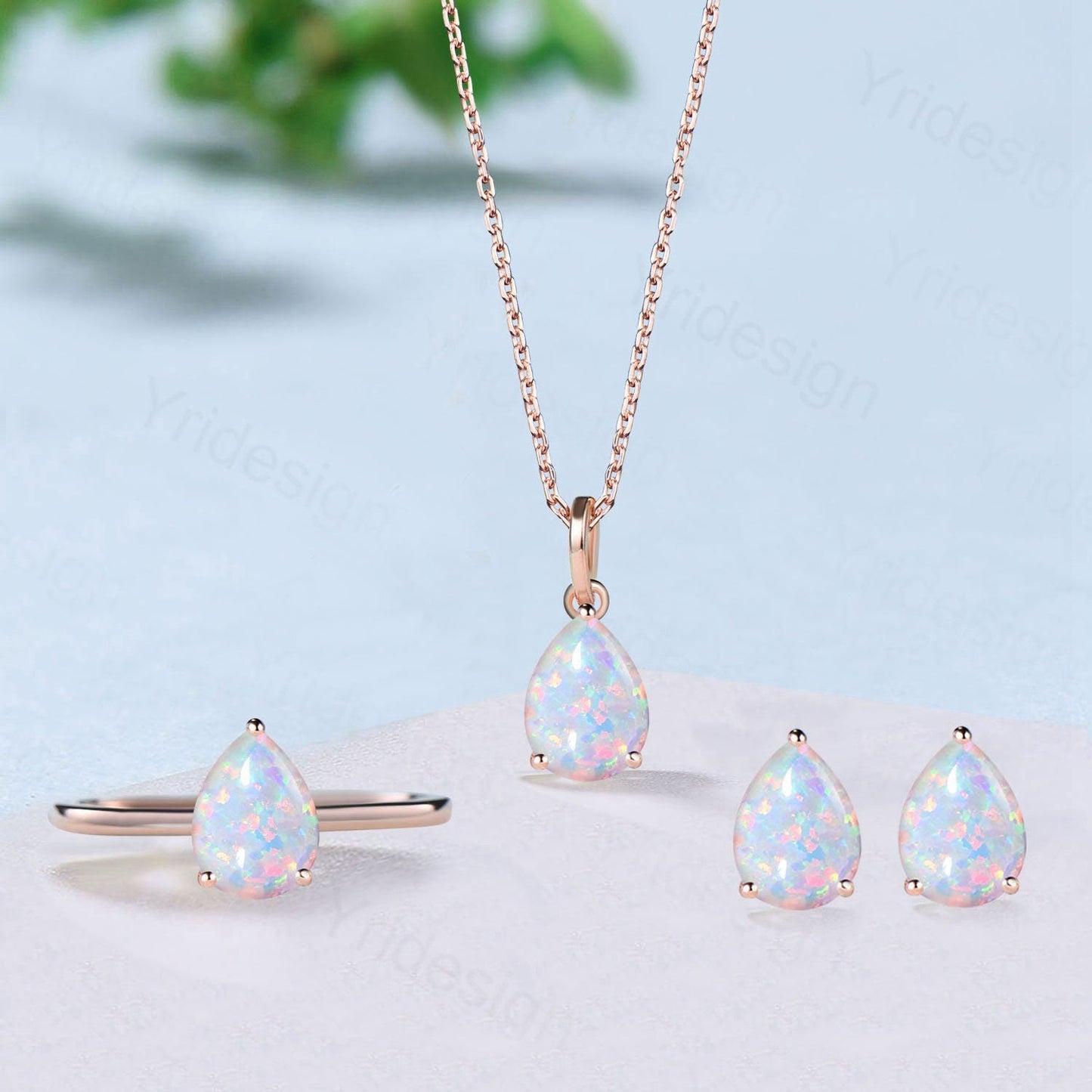 Dainty fire opal wedding set solitaire white opal engagement ring rose gold minimalist October birthstone pendant necklace opal earrings