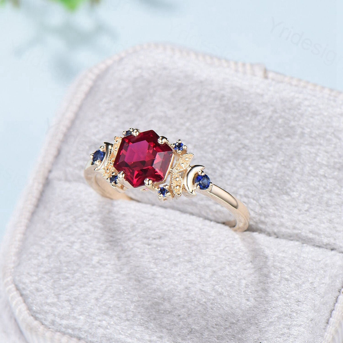 Vintage Moon Ruby engagement ring unique hexagon cut red ruby milgrain wedding ring rose gold cluster sapphire ring handmade proposal gifts