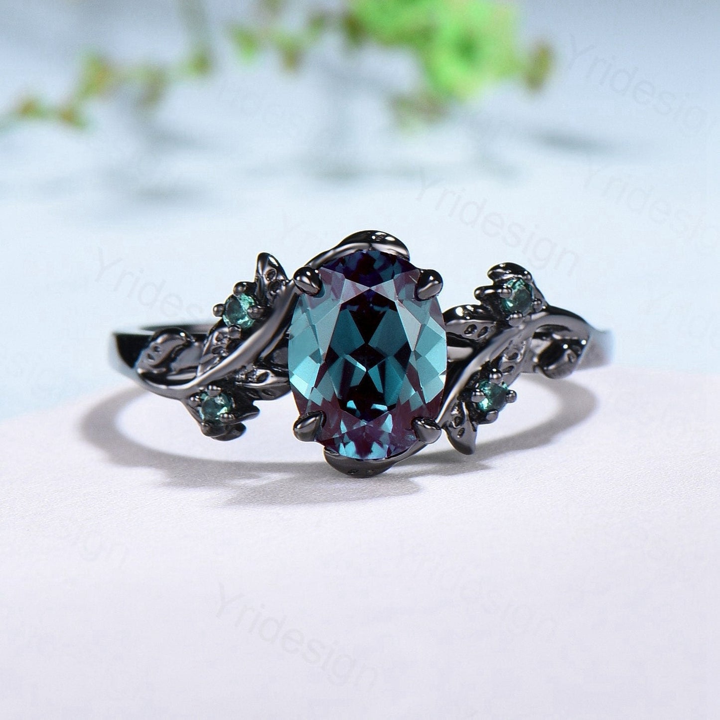 Couples ring set 14k black gold alexandrite wedding rings set twig ring men and women His Hers engagement ring nature inspired Promise gift