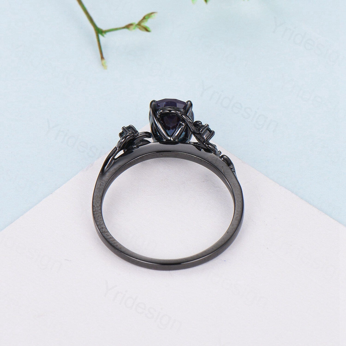 Black Gold Twig Ring: Blue Star Sapphire, Emerald Wedding Ring