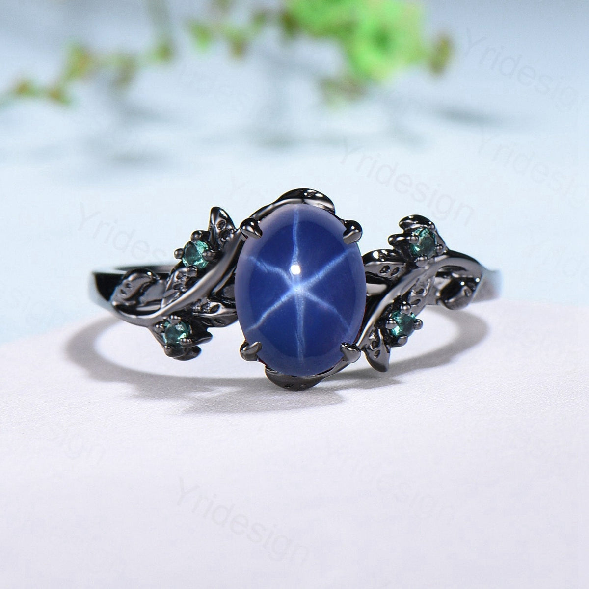 Black Gold Twig Ring: Blue Star Sapphire, Emerald Wedding Ring