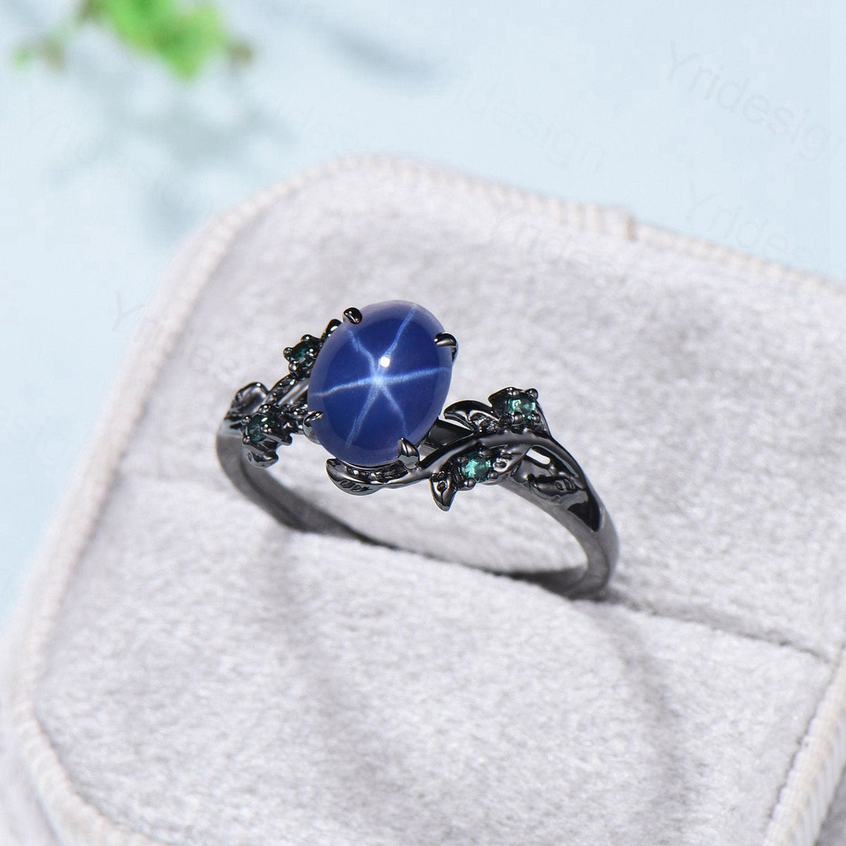 Black Gold Twig Ring: Blue Star Sapphire, Emerald Wedding Ring