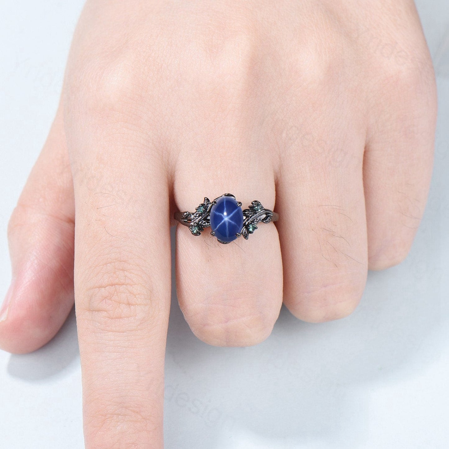 Black Gold Twig Ring: Blue Star Sapphire, Emerald Wedding Ring