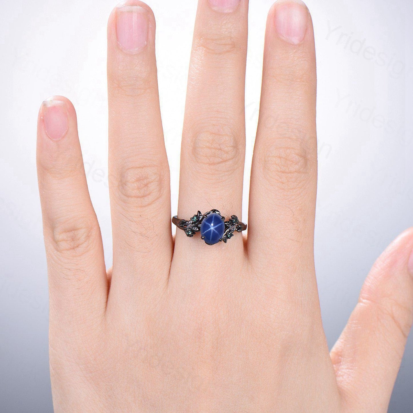 Black Gold Twig Ring: Blue Star Sapphire, Emerald Wedding Ring