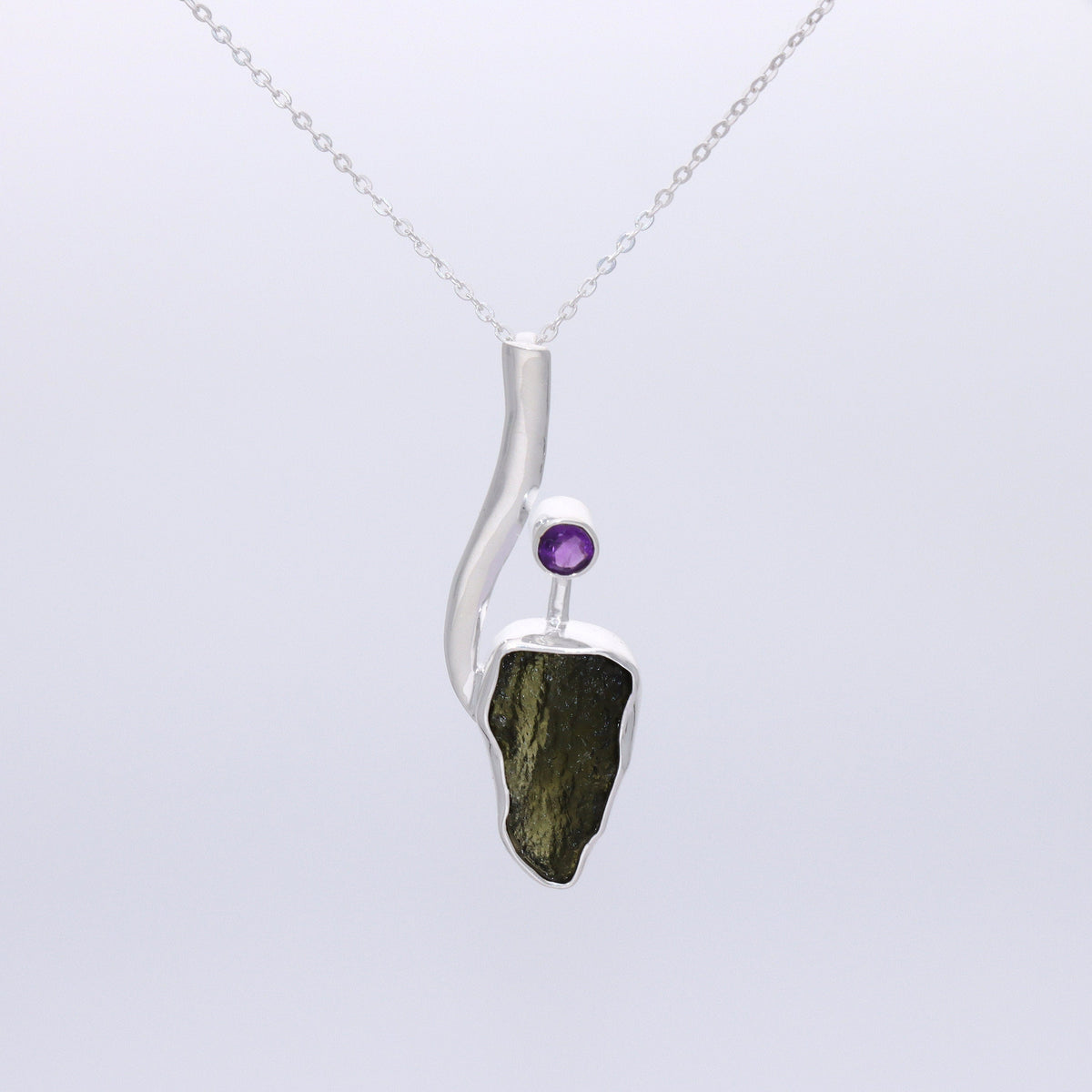 Genuine Moldavite Rough With Amethyst Pendant 100% Natural With Certified Gemstone From Czech Republic 925 Sterling Silver Handmade Jewelry