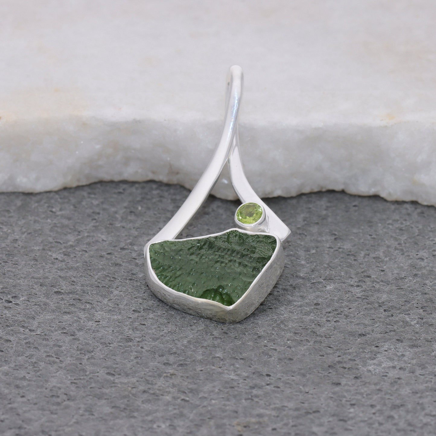 Genuine Moldavite Rough With Peridot Pendant 100% Natural With Certified Gemstone From Czech Republic 925 Sterling Silver Handmade Jewelry