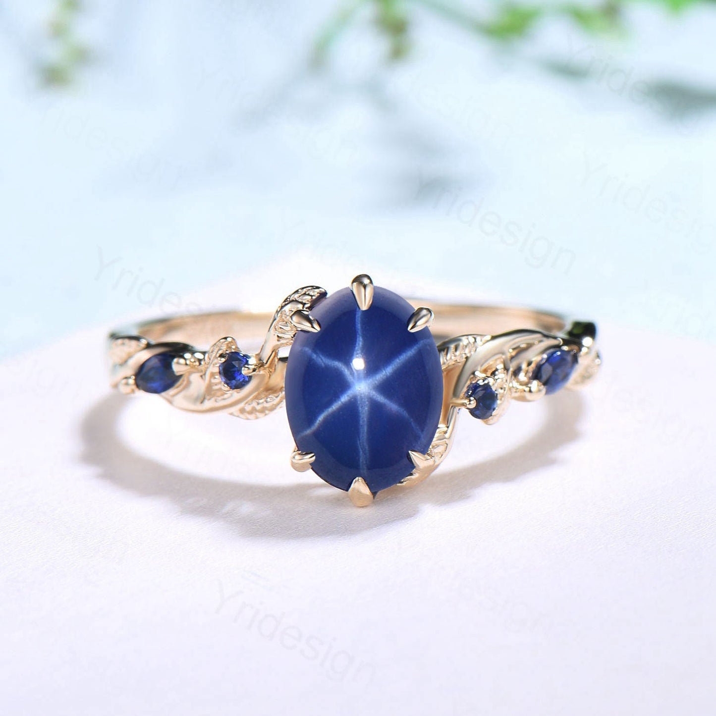 Vintage Inspired Star Sapphire Ring, Leaf Gold Band, Dainty Wedding Ring