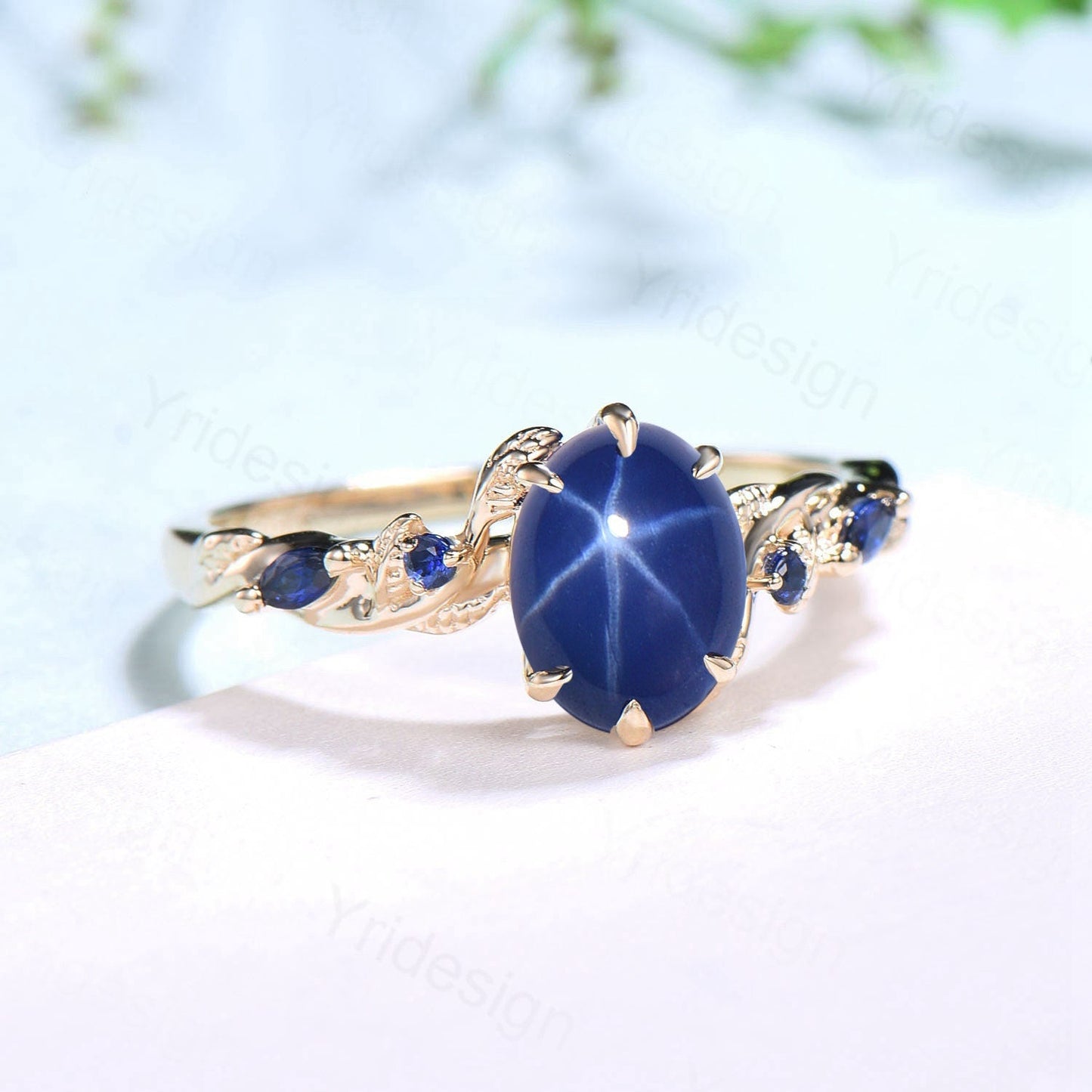 Vintage Inspired Star Sapphire Ring, Leaf Gold Band, Dainty Wedding Ring
