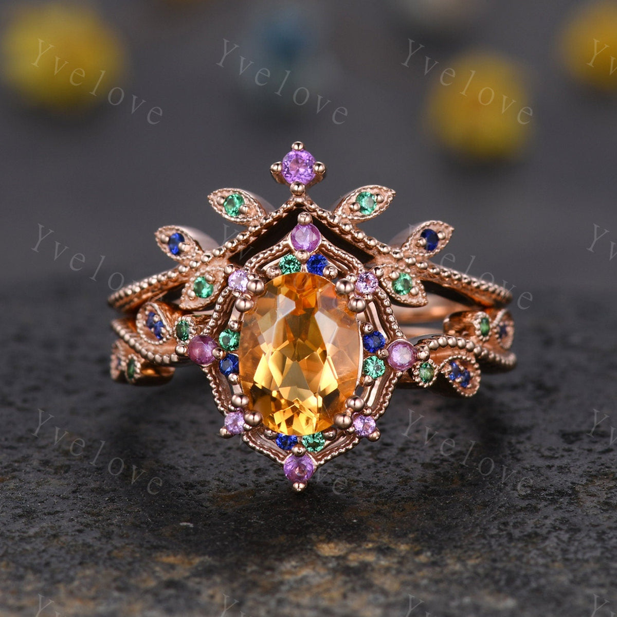Oval citrine ring art deco engagement ring rose gold amethyst sapphire emerald wedding band vintage cluster ring women anniversary gift
