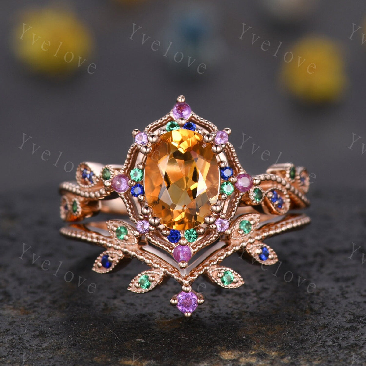 Oval citrine ring art deco engagement ring rose gold amethyst sapphire emerald wedding band vintage cluster ring women anniversary gift