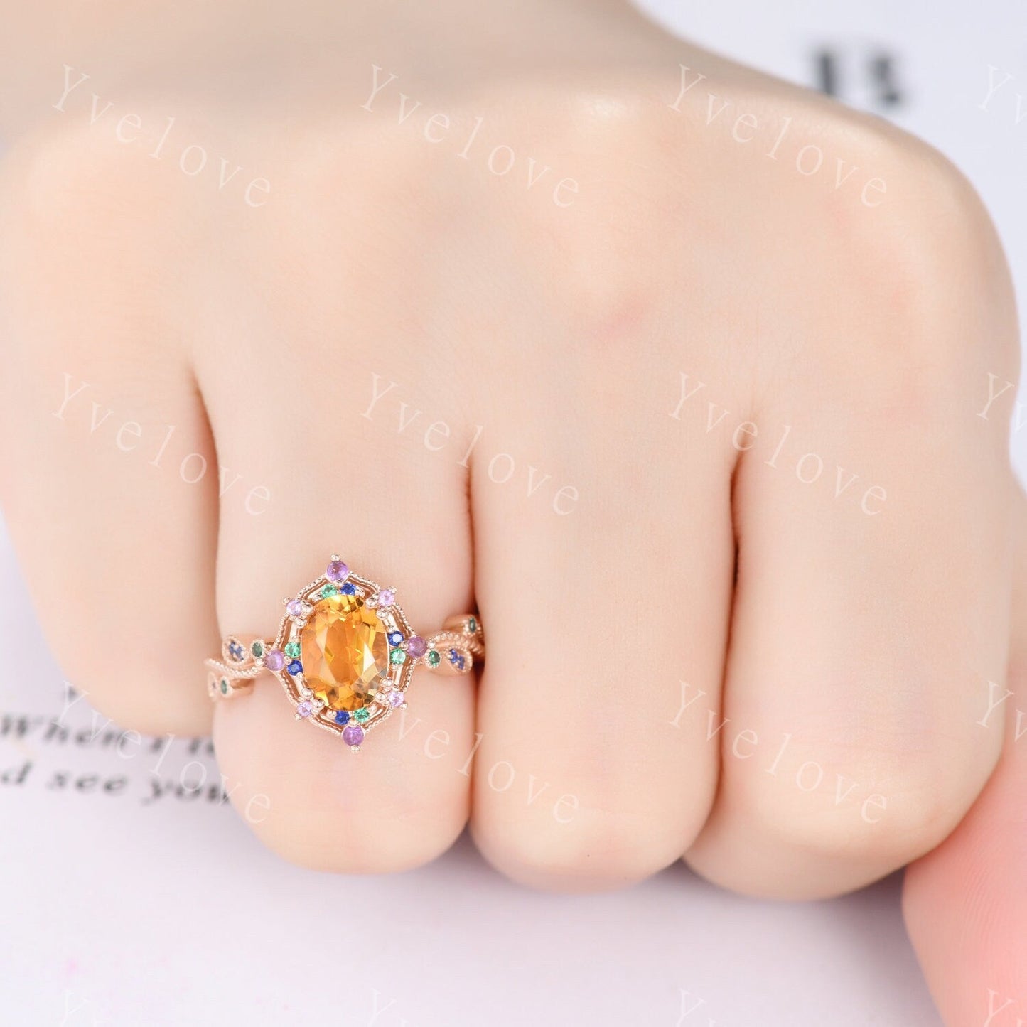 Oval citrine ring art deco engagement ring rose gold amethyst sapphire emerald wedding band vintage cluster ring women anniversary gift