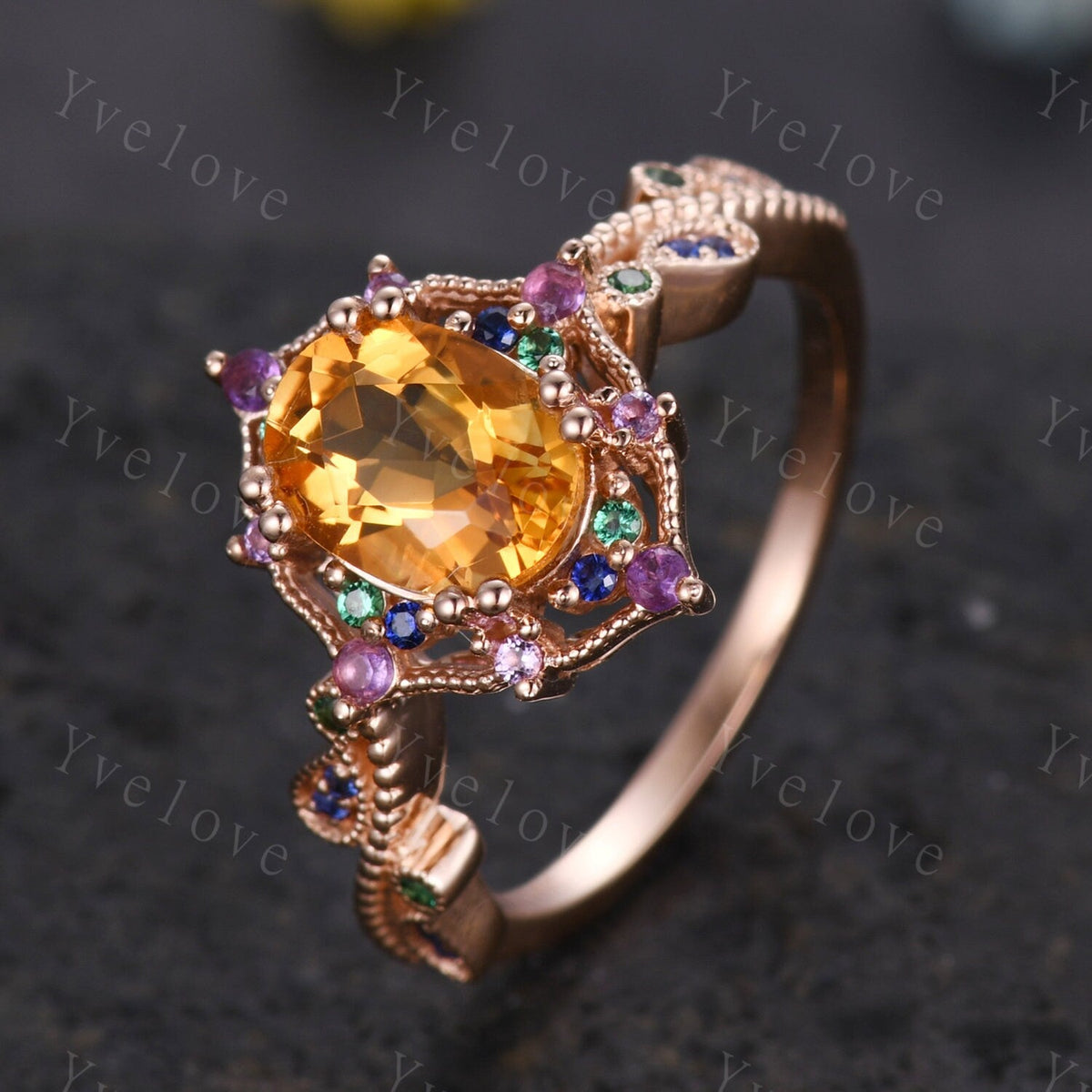 Oval citrine ring art deco engagement ring rose gold amethyst sapphire emerald wedding band vintage cluster ring women anniversary gift