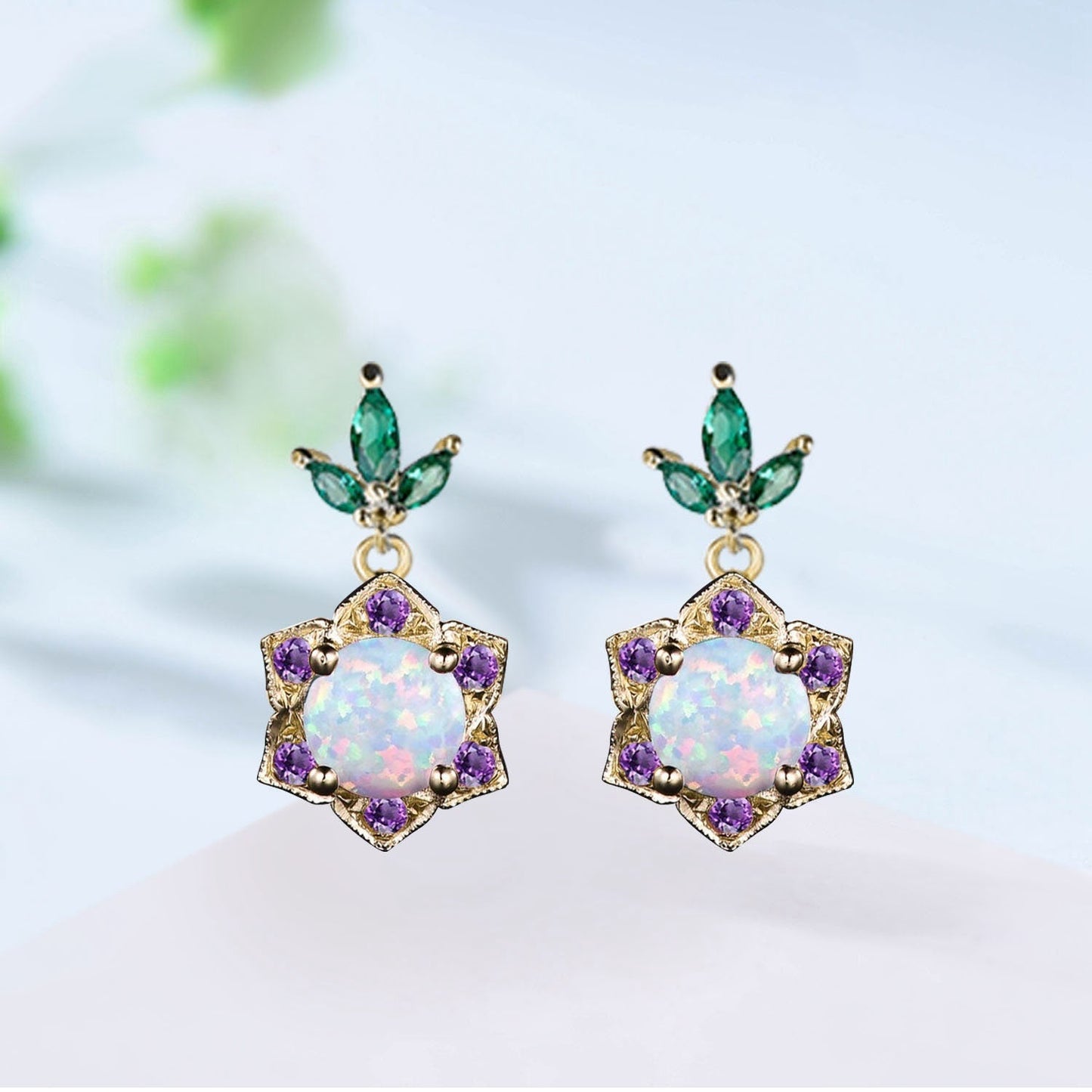 Vintage Fire Opal Halo Earrings, Amethyst & Emerald Studs