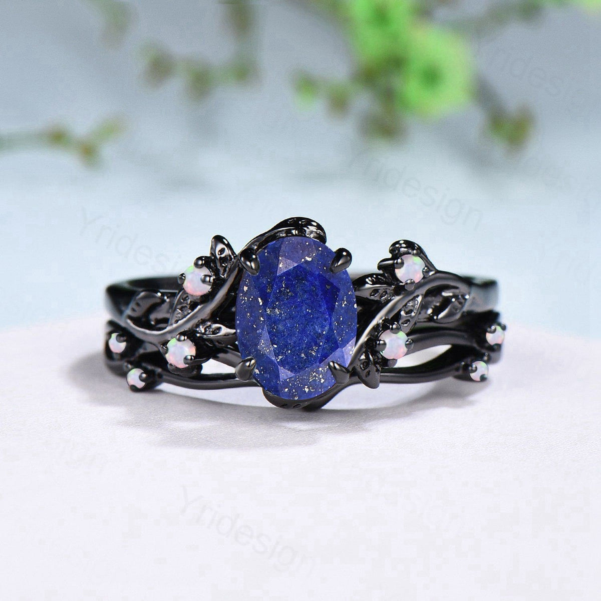 Lapis Lazuli Wedding Ring Set, Black Gold Twig, Opal Branch Bridal Set