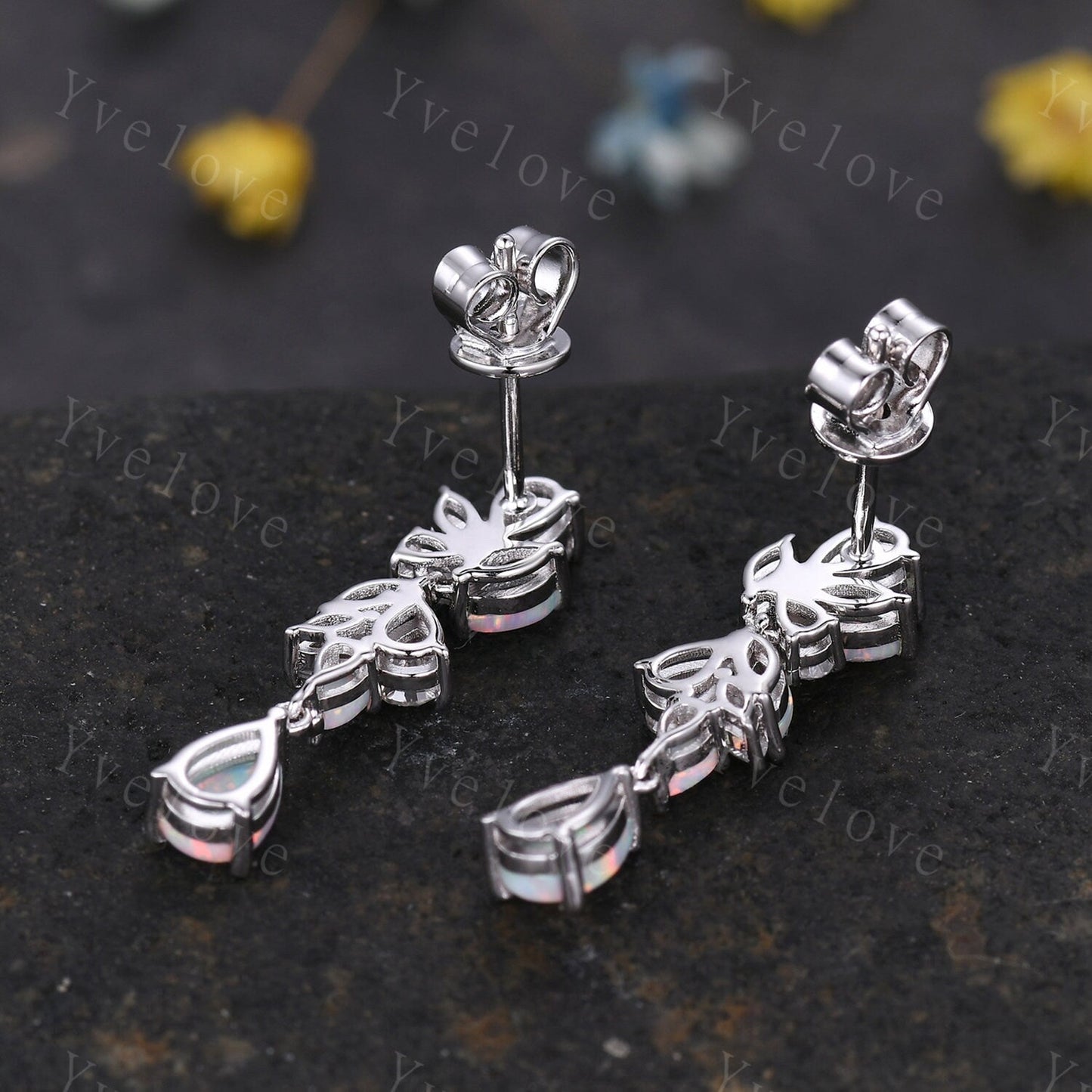 Unique Opal Moissanite Earrings,Art Deco White Opal Delicate Dainty Earrings Bridal earrings drop Wedding earrings Wedding jewelry Gift