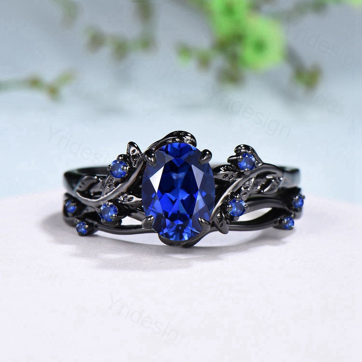 Black gold plated sapphire wedding ring set Gothic silver promise ring