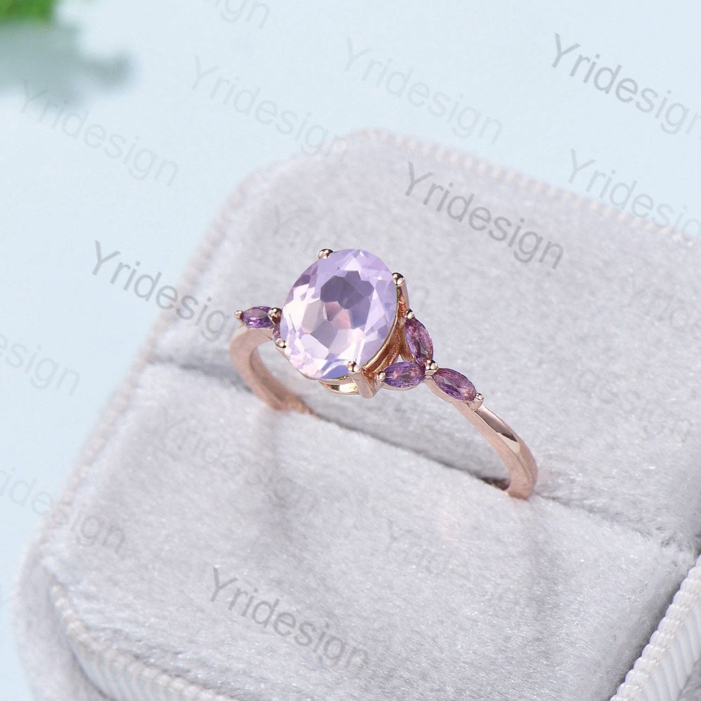 Vintage Oval natural Lavender Amethyst Engagement Ring Set Unique Seven Stone Marquise Amethyst  Wedding Bridal Set February Birthstone Gift