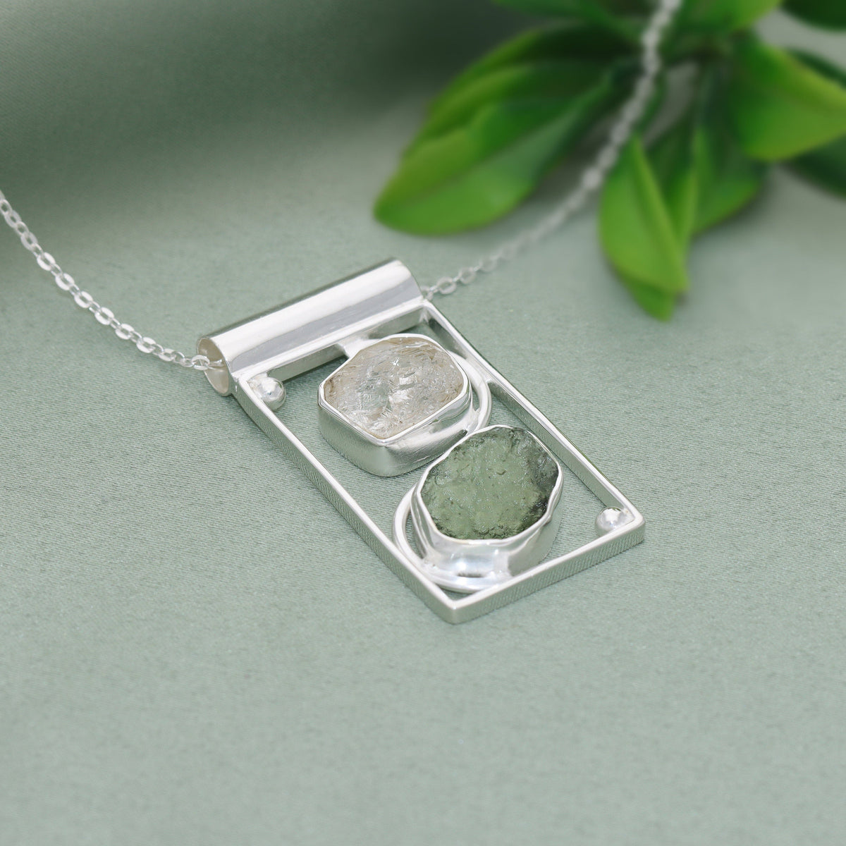 Raw Moldavite Pendant, 925 Sterling Silver, Herkimer Diamond Jewelry, Natural Gemstone Jewelry, Jewelry For Gift, Handmade Jewelry For Women