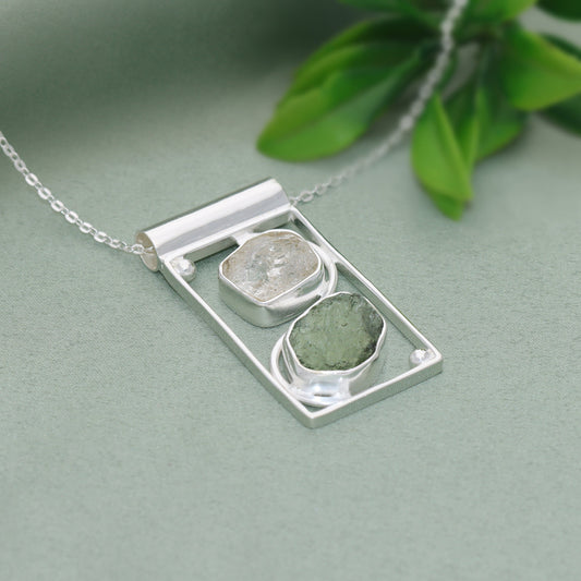 Raw Moldavite Pendant, 925 Sterling Silver, Herkimer Diamond Jewelry, Natural Gemstone Jewelry, Jewelry For Gift, Handmade Jewelry For Women