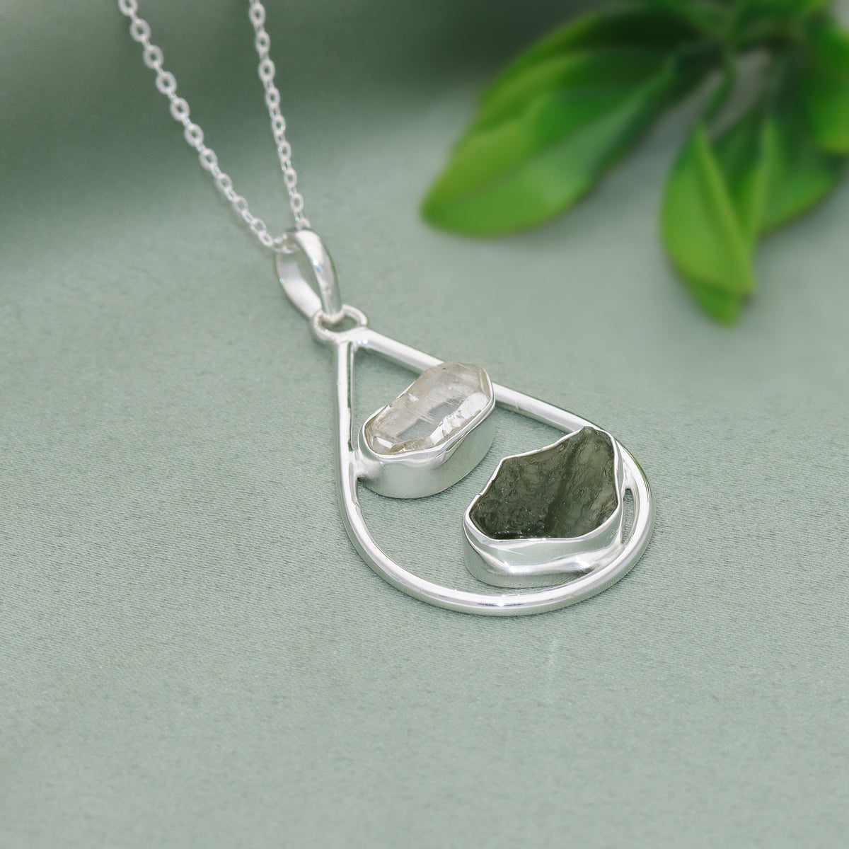 Raw Moldavite Pendant, Herkimer Diamond Jewelry, Natural Gemstone Jewelry, 925 Sterling Silver, Jewelry For Gift, Handmade Jewelry For Women