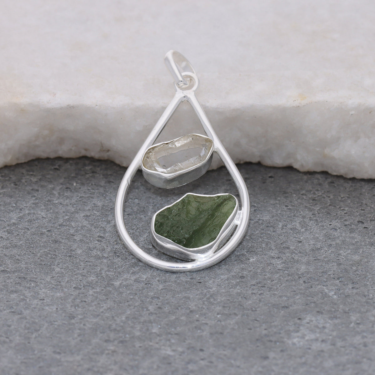 Raw Moldavite Pendant, Herkimer Diamond Jewelry, Natural Gemstone Jewelry, 925 Sterling Silver, Jewelry For Gift, Handmade Jewelry For Women