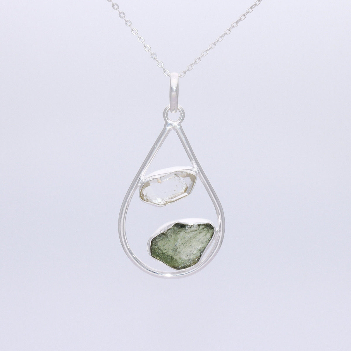 Raw Moldavite Pendant, Herkimer Diamond Jewelry, Natural Gemstone Jewelry, 925 Sterling Silver, Jewelry For Gift, Handmade Jewelry For Women