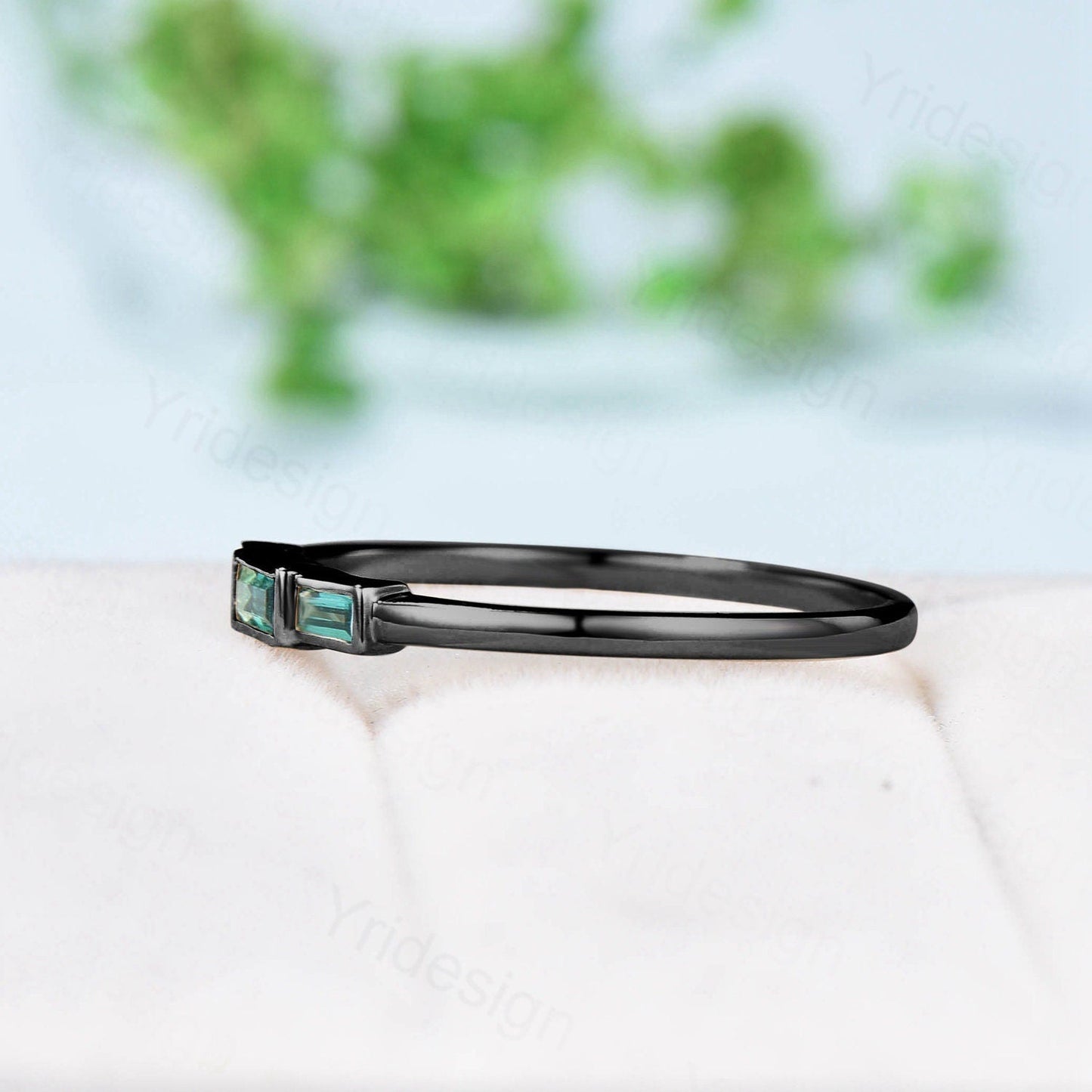 Black Gold Emerald Ring, Baguette Three Stone Promise Ring