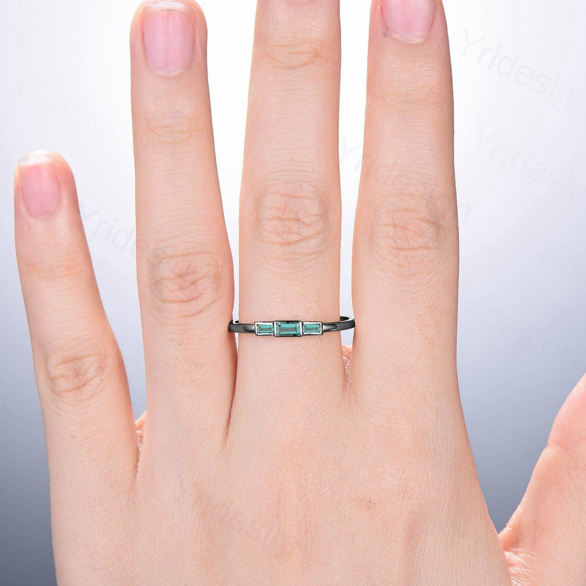 Black Gold Emerald Ring, Baguette Three Stone Promise Ring