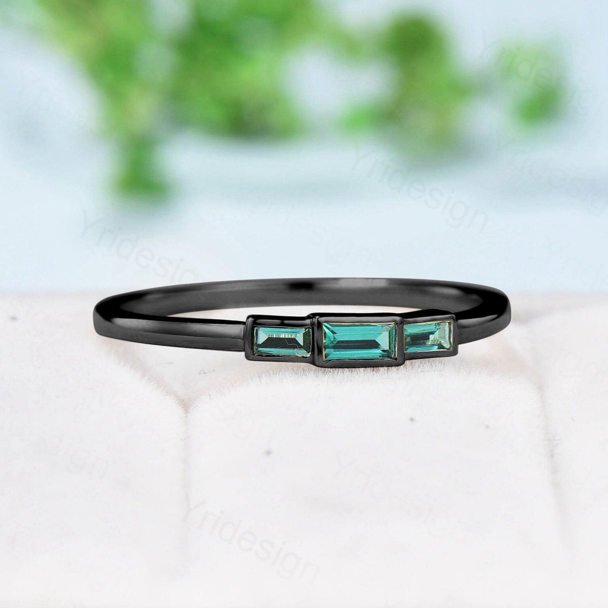 Black Gold Emerald Ring, Baguette Three Stone Promise Ring