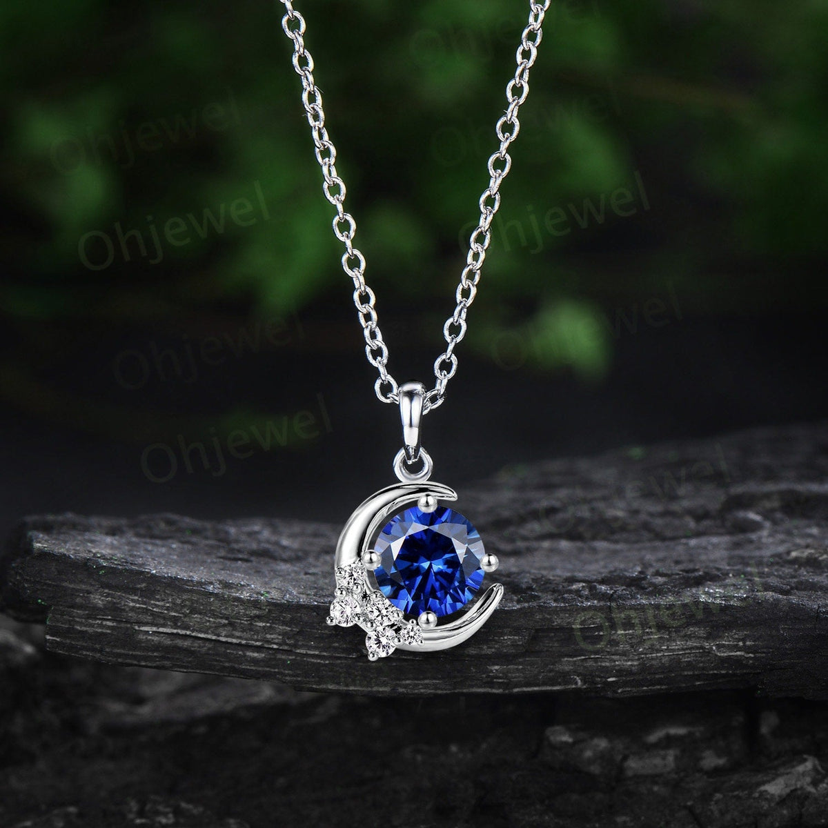 Vintage round blue sapphire necklace 14k rose gold Personalized moon cluster diamond unique Pendant women gemstone anniversary gift for her