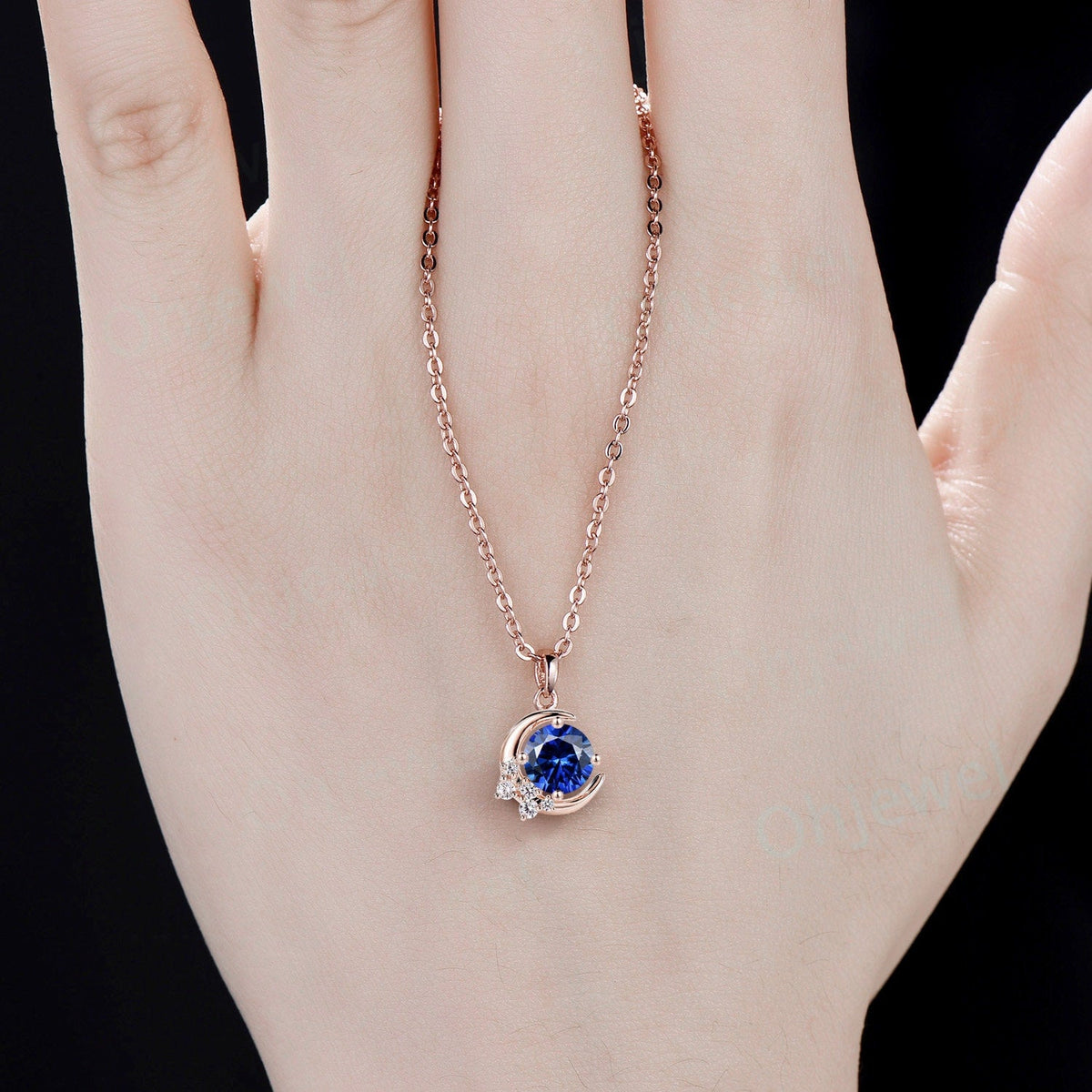 Vintage round blue sapphire necklace 14k rose gold Personalized moon cluster diamond unique Pendant women gemstone anniversary gift for her