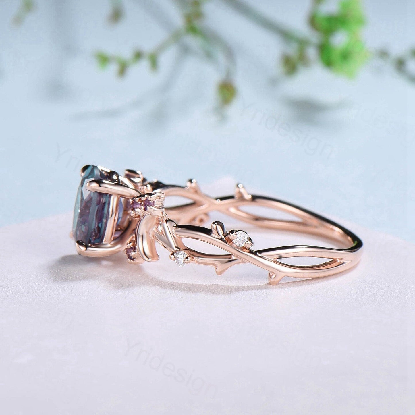 Unique 1.5CT Oval Cut Opal Ring Vintage White Opal Moon Engagement Ring Twig  Branch Cluster Amethyst Wedding Ring PromiseGift For Women