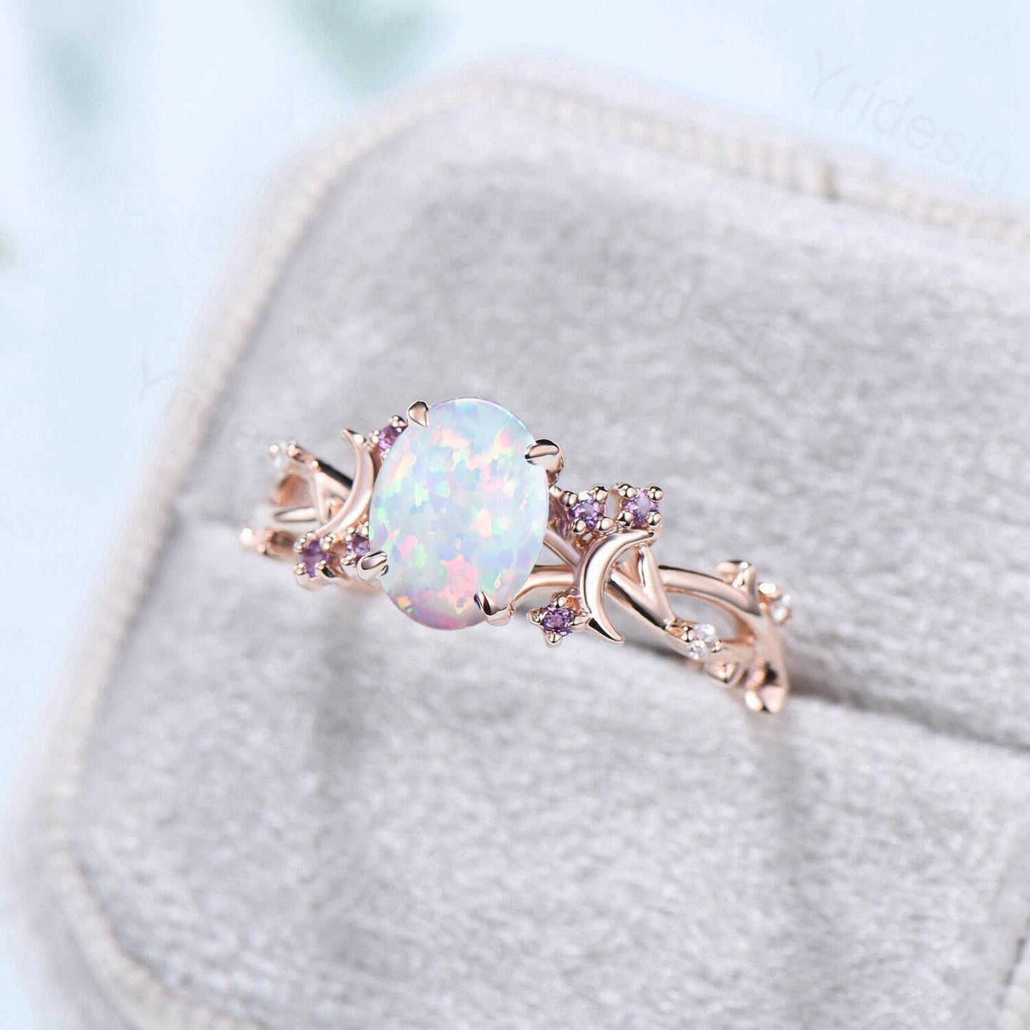 Unique 1.5CT Oval Cut Opal Ring Vintage White Opal Moon Engagement Ring Twig  Branch Cluster Amethyst Wedding Ring PromiseGift For Women