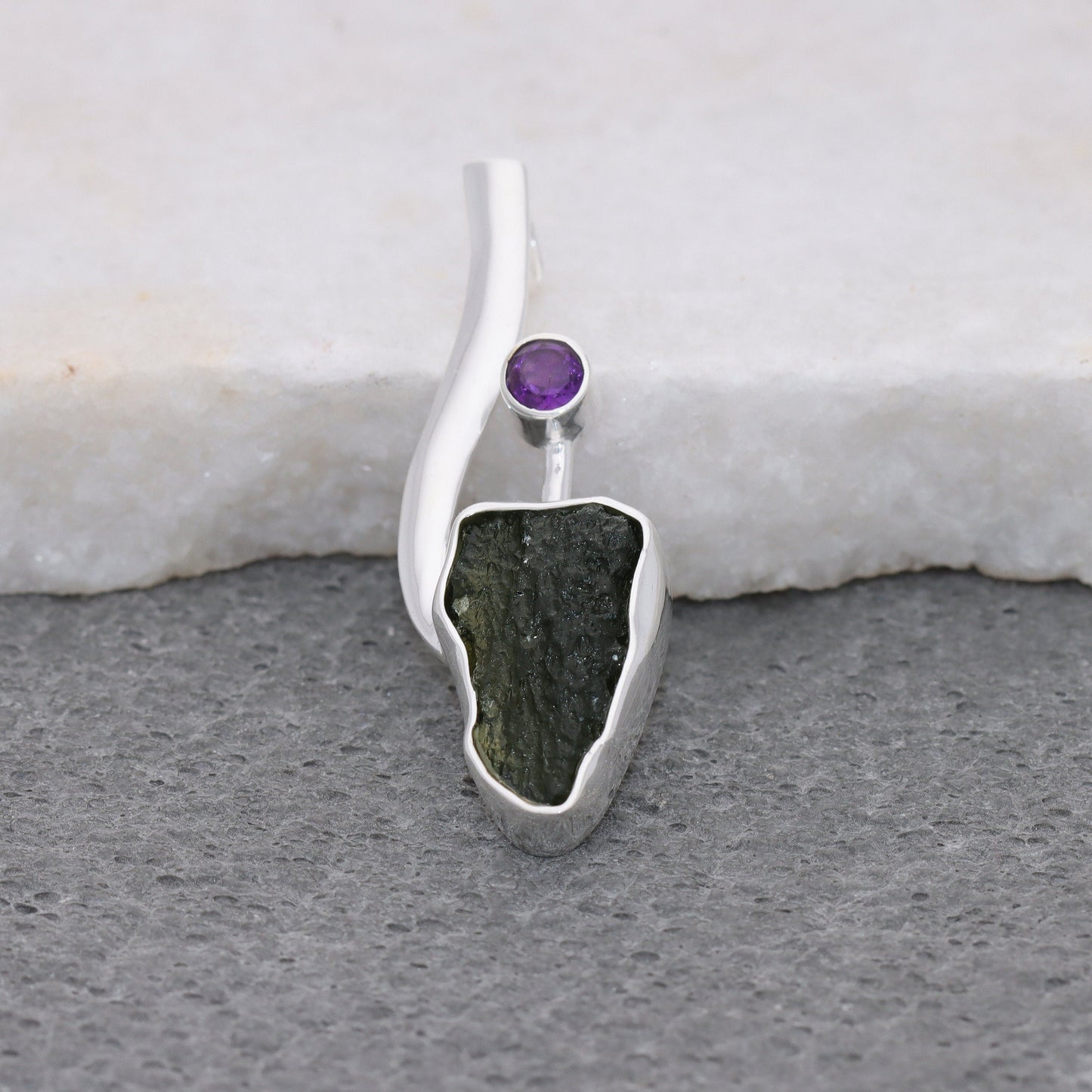 Genuine Moldavite Rough With Amethyst Pendant 100% Natural With Certified Gemstone From Czech Republic 925 Sterling Silver Handmade Jewelry