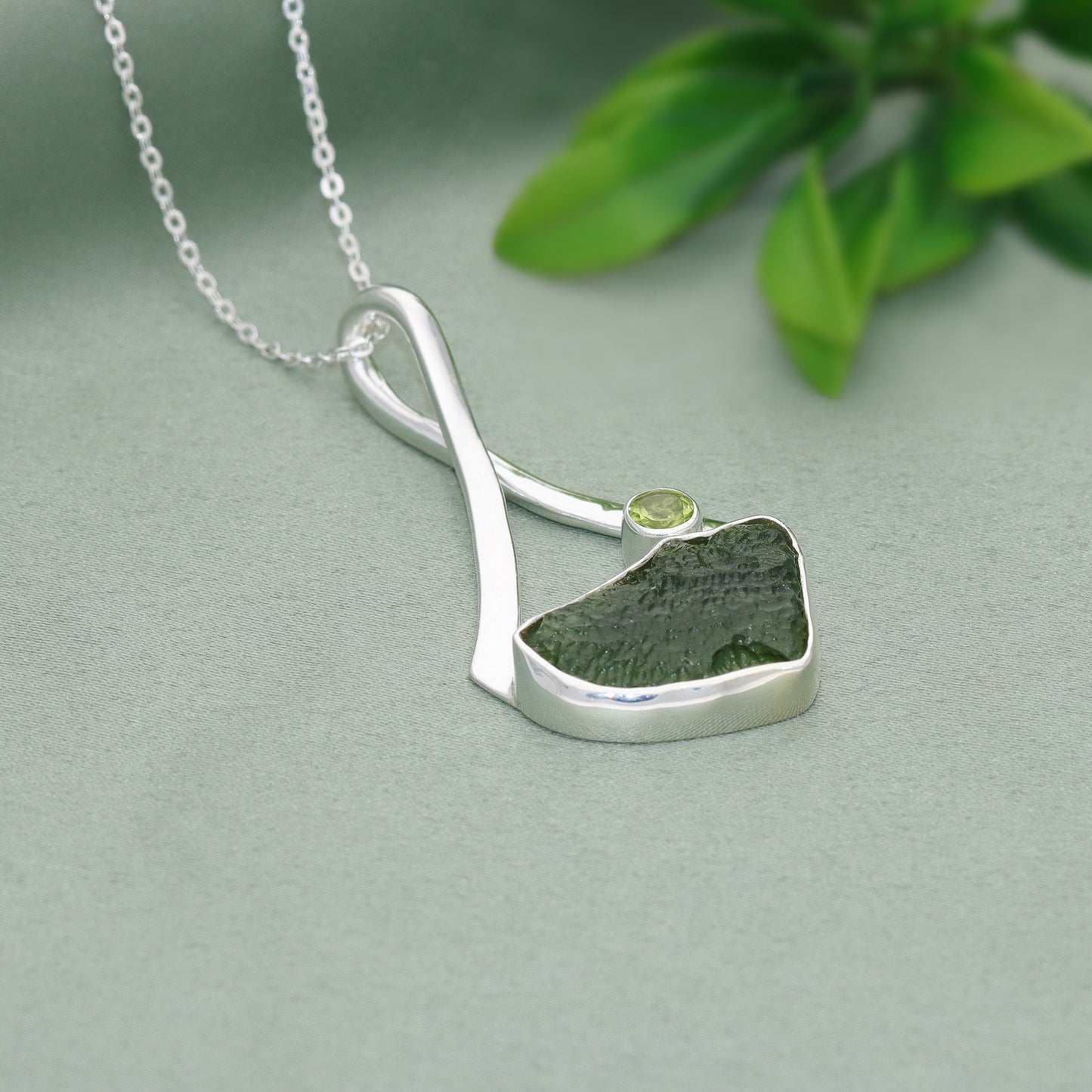 Genuine Moldavite Rough With Peridot Pendant 100% Natural With Certified Gemstone From Czech Republic 925 Sterling Silver Handmade Jewelry