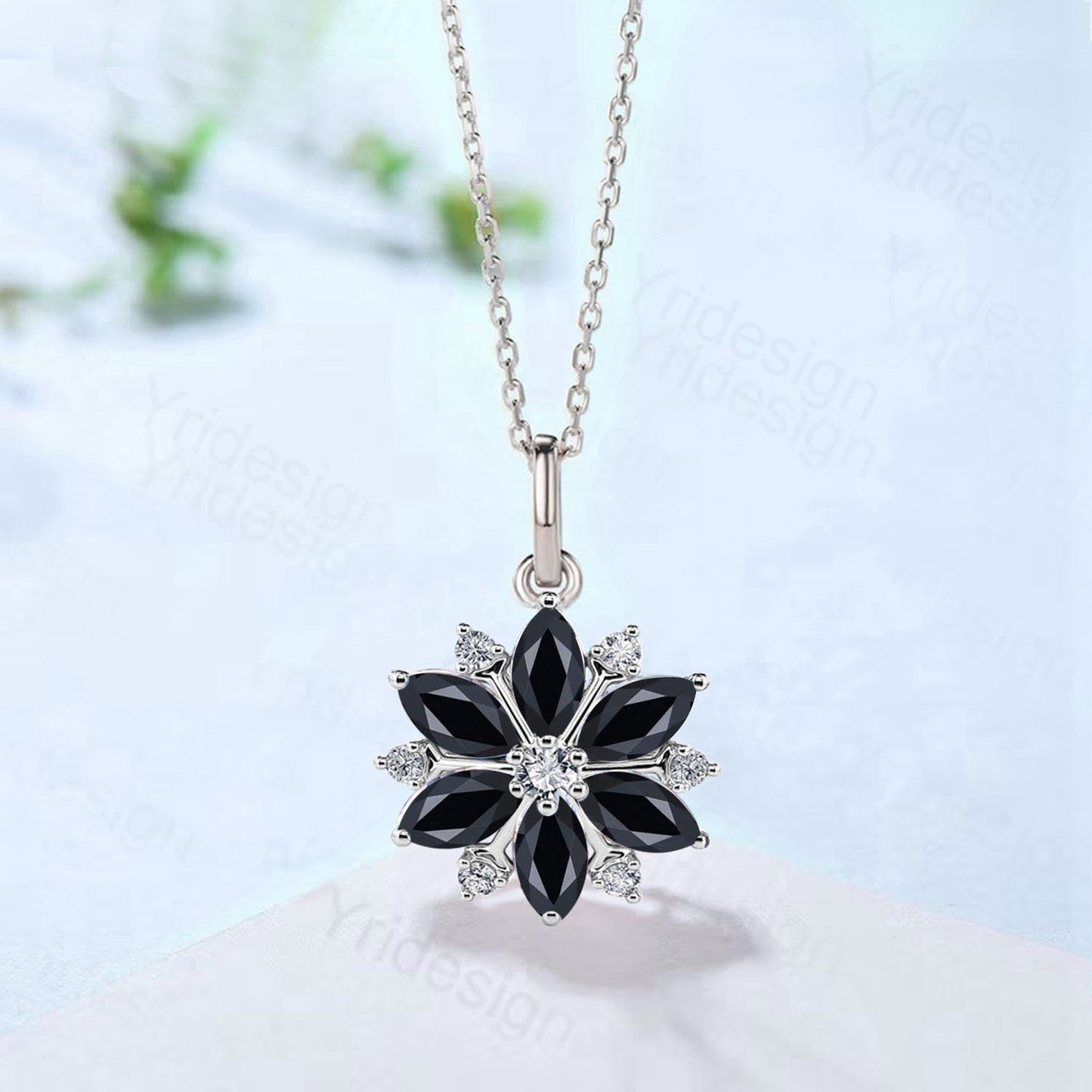 Victorian Gothic Pendant- Art Deco Black Spinel Snowflake Necklace