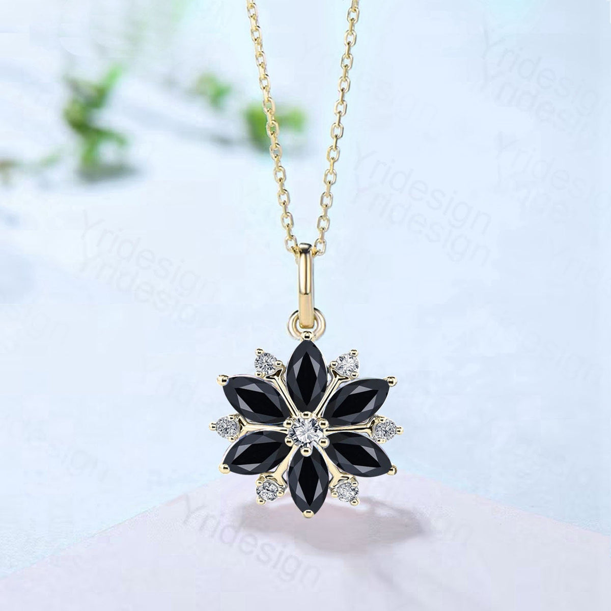 Victorian Gothic Pendant- Art Deco Black Spinel Snowflake Necklace