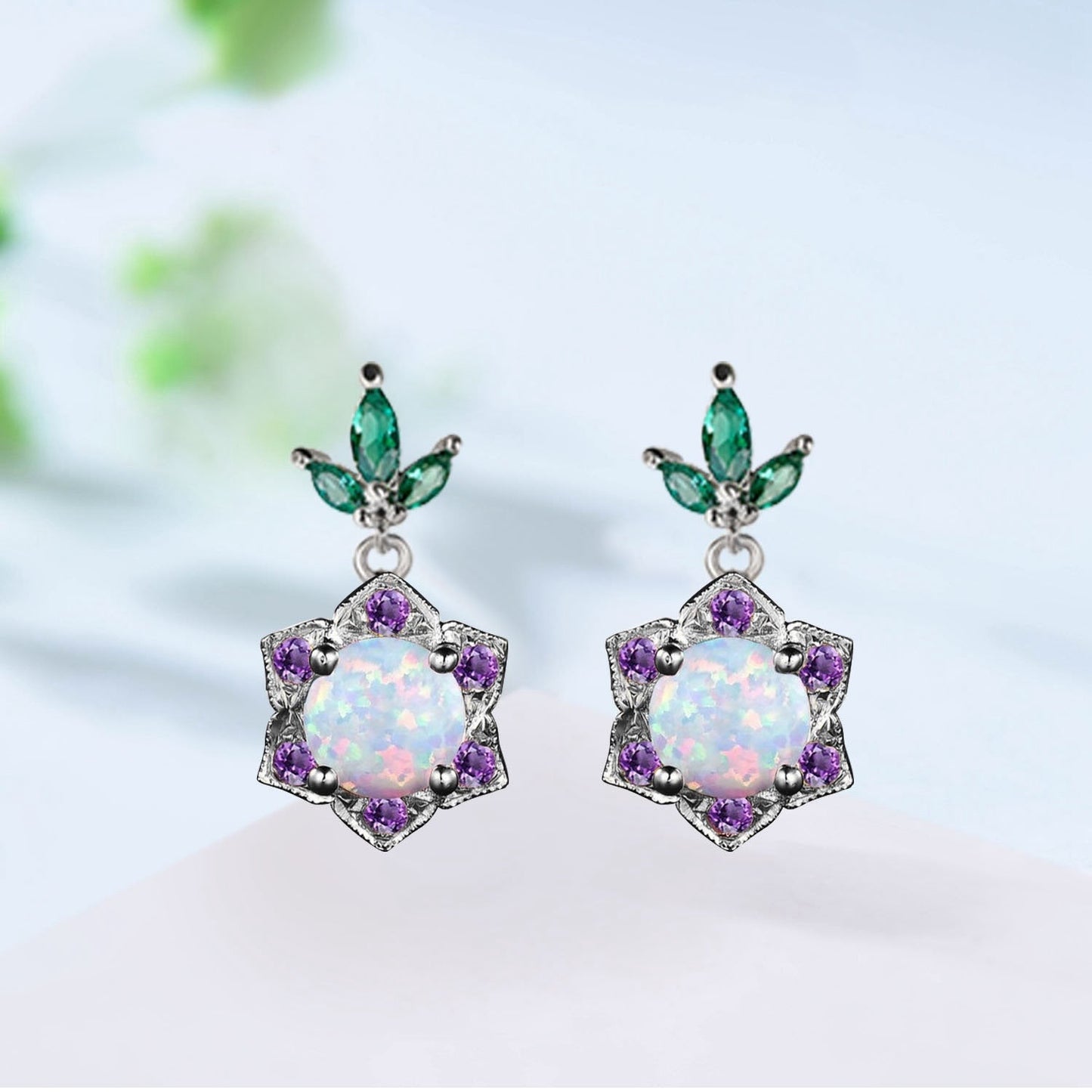 Vintage Fire Opal Halo Earrings, Amethyst & Emerald Studs