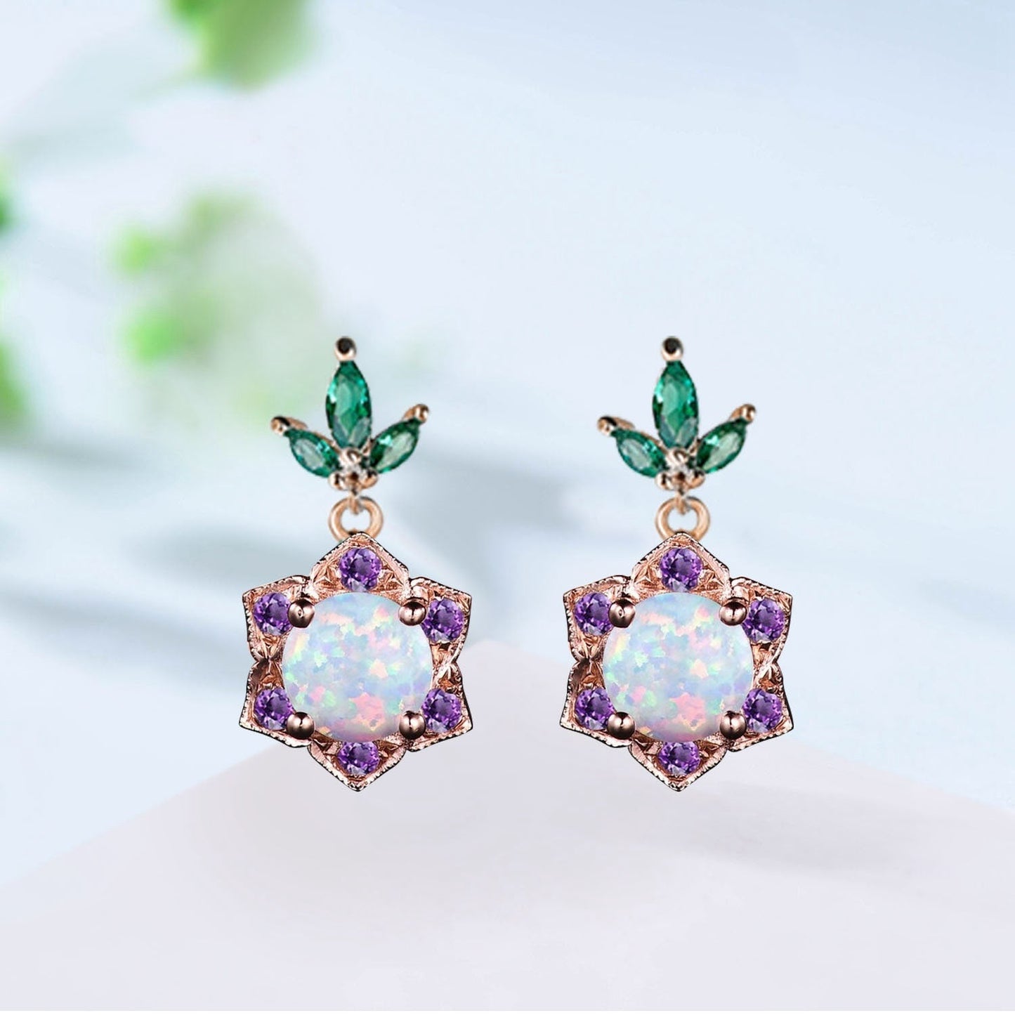 Vintage Fire Opal Halo Earrings, Amethyst & Emerald Studs