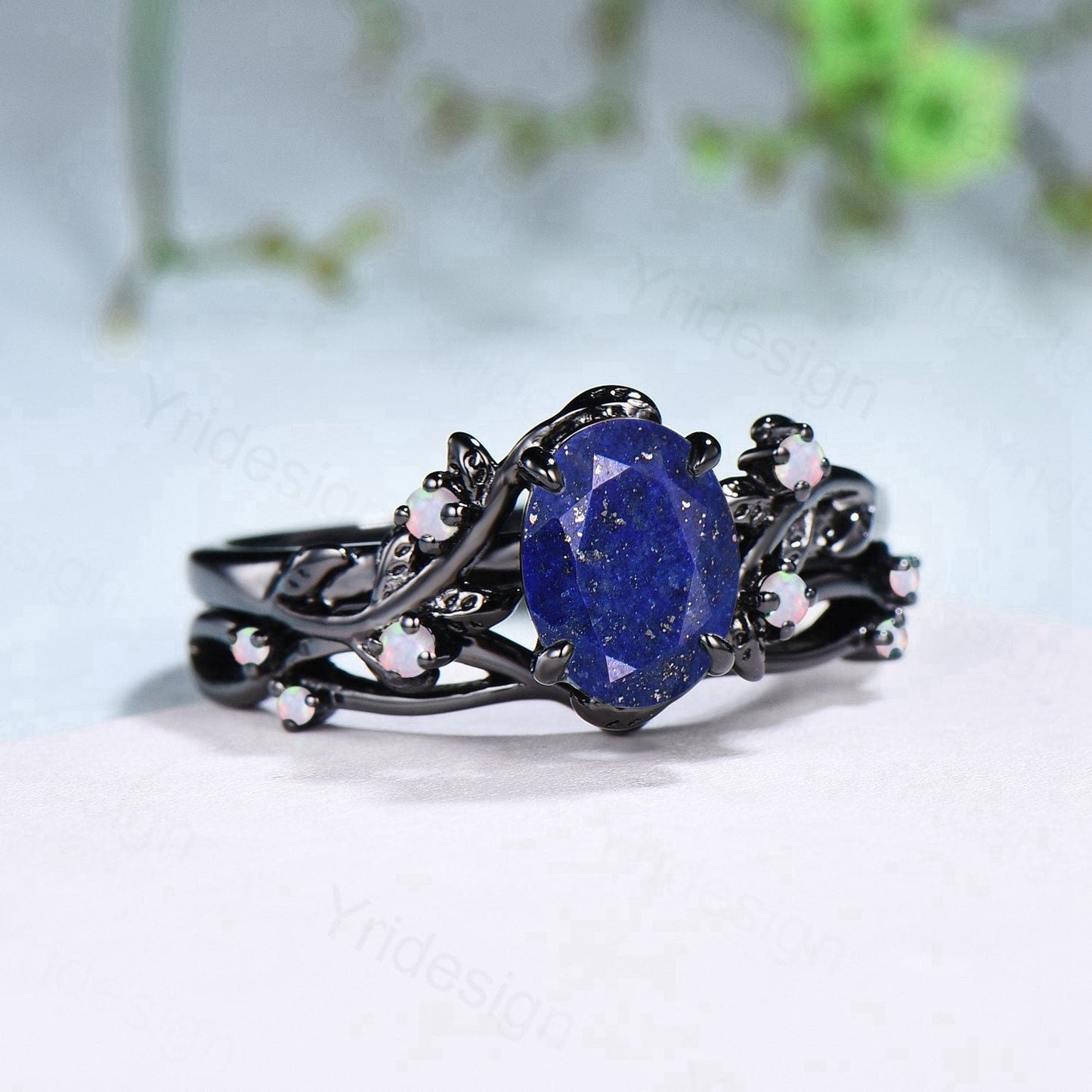 Lapis Lazuli Wedding Ring Set, Black Gold Twig, Opal Branch Bridal Set