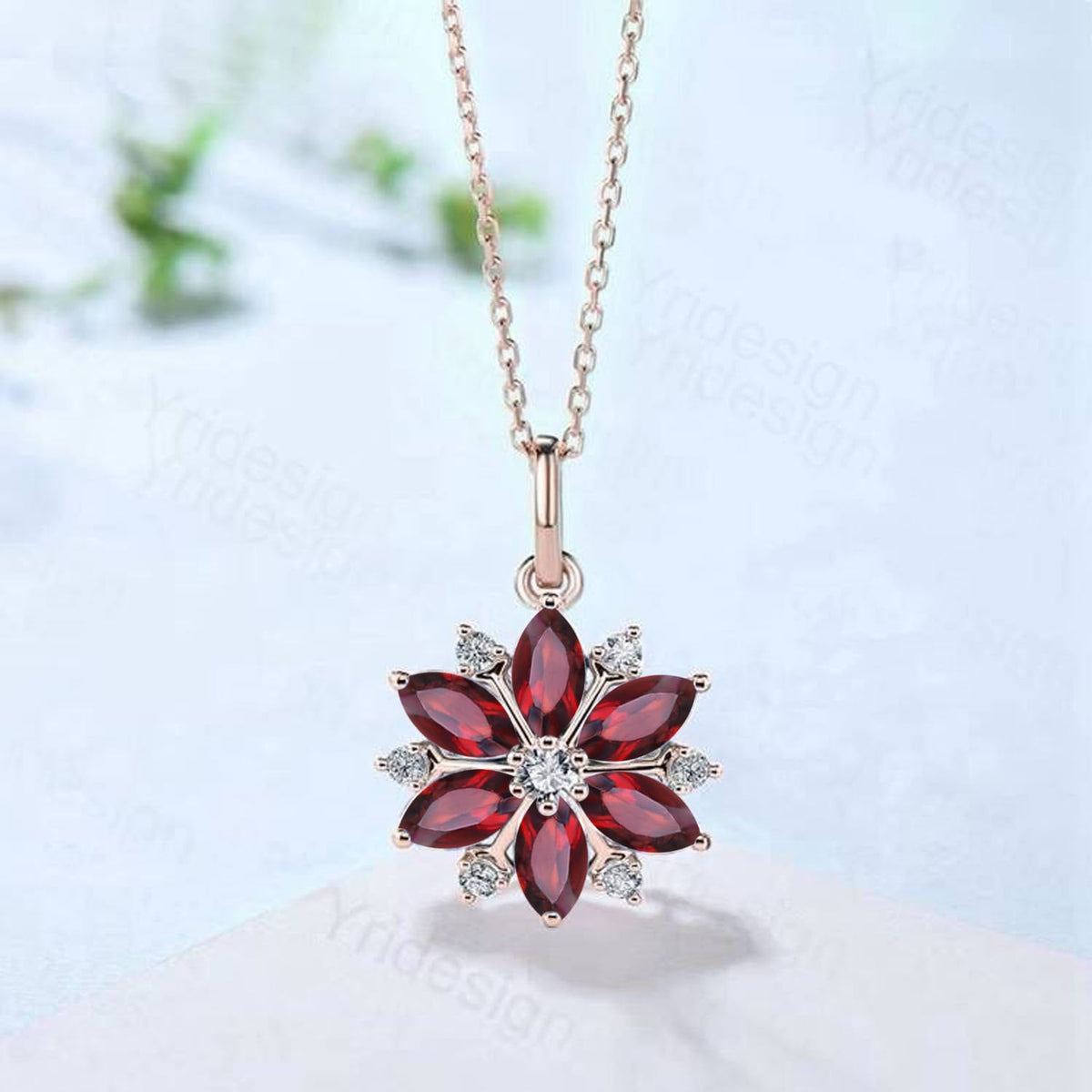 Vintage Snowflake Ruby Pendant Necklace, 14k Gold Floral Jewelry
