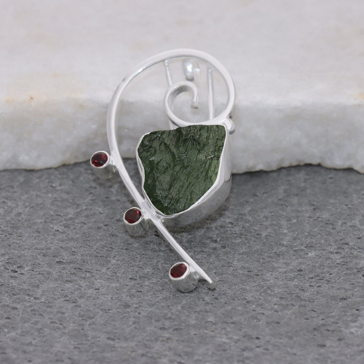 Raw Moldavite Pendant, 925 Sterling Silver, Handmade Silver Jewelry, Garnet Pendant, Moldavite From Czech Republic, Christmas Gift For Mom