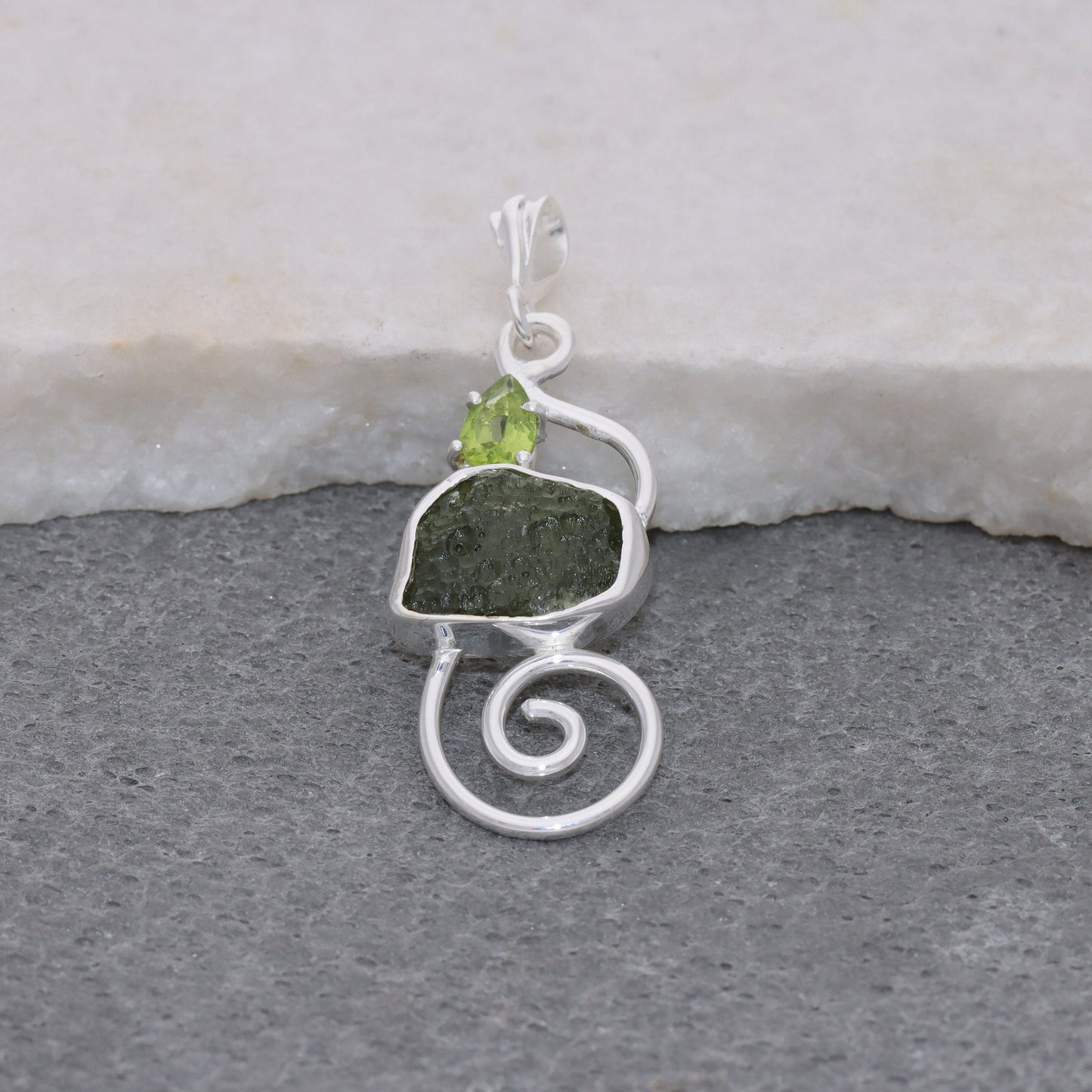 Natural Moldavite Pendant, 925 Sterling Silver, Raw Gemstone Jewelry, Czech Moldavite with Peridot, Handmade Jewelry Gift, Jewelry For Mom