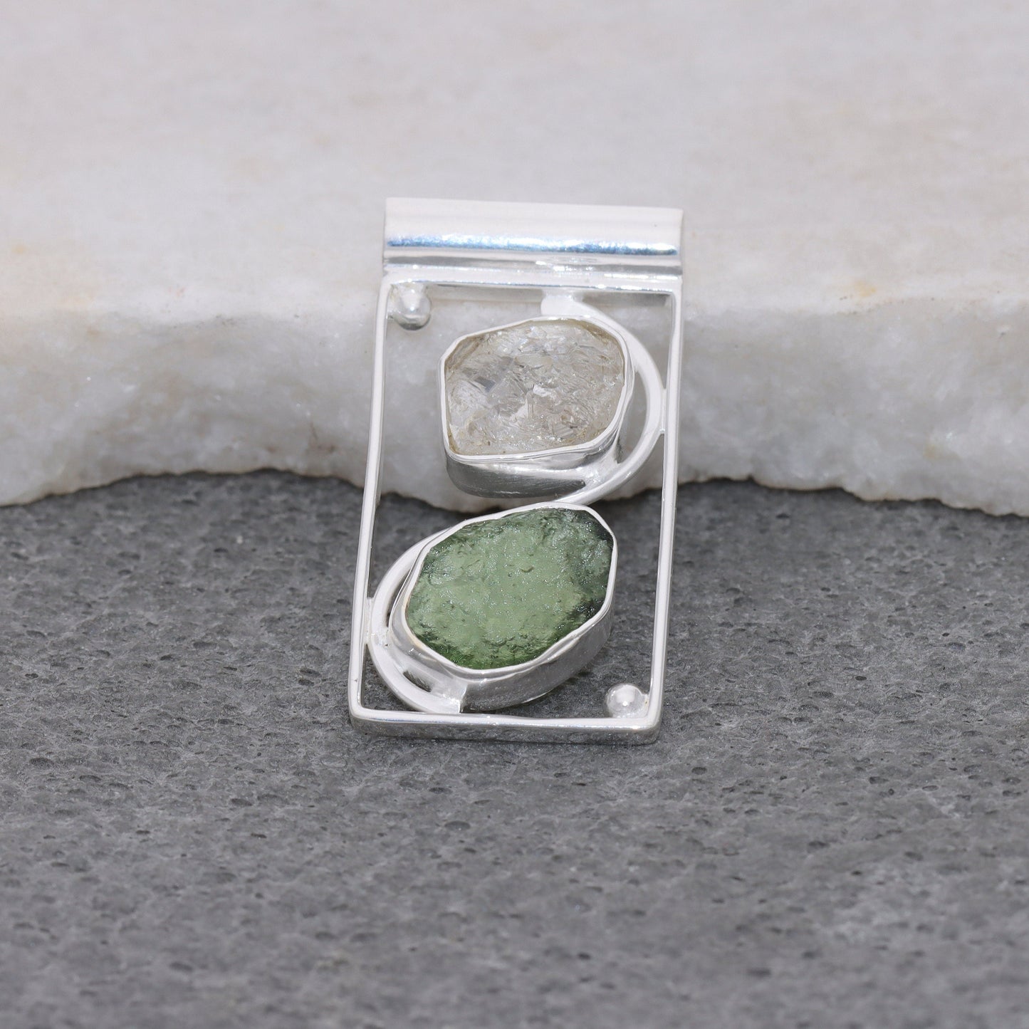 Raw Moldavite Pendant, 925 Sterling Silver, Herkimer Diamond Jewelry, Natural Gemstone Jewelry, Jewelry For Gift, Handmade Jewelry For Women